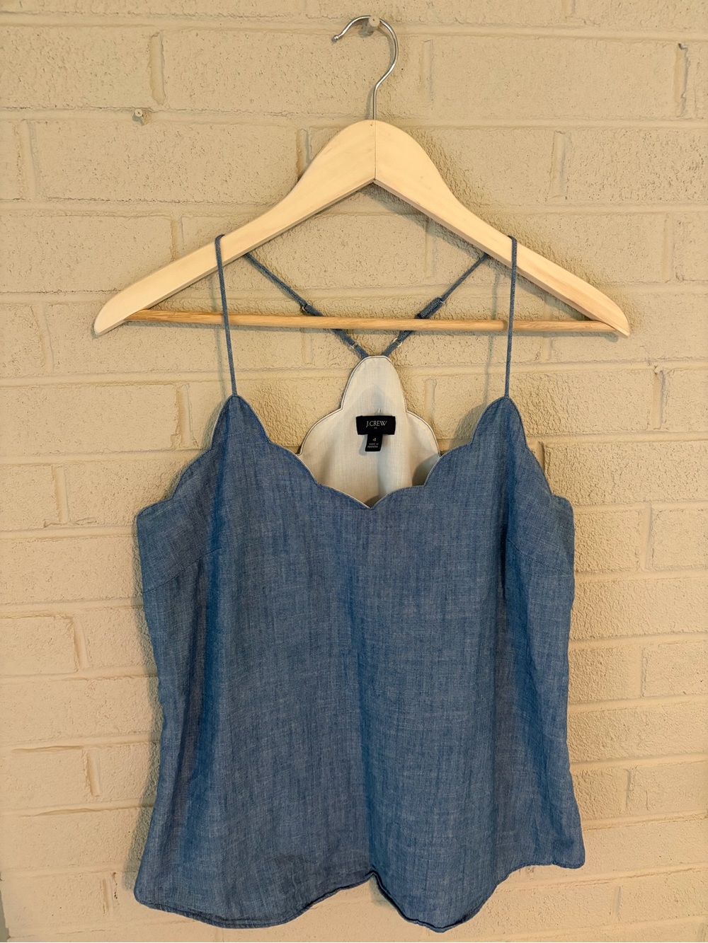 J. Crew Chambray Scalloped Linen-Blend Cami in Blue